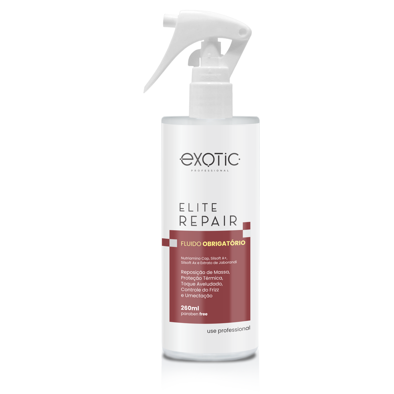 O Fluido Obrigatório Elite Repair Exotic Professional possui fórmula leve e
reparadora que atua profundamente na fibra capilar, promovendo reconstrução, brilho
intenso e controle do frizz. Ideal para cabelos danificados, protege contra agressões
externas, deixando os fios macios, alinhados e com aparência saudável ao longo do dia.

Modo de Usar: AGITE ANTES DE USAR. Com os cabelos limpos, aplicar o Fluido no
comprimento do fio, evitando a raiz. Finalize como desejar.